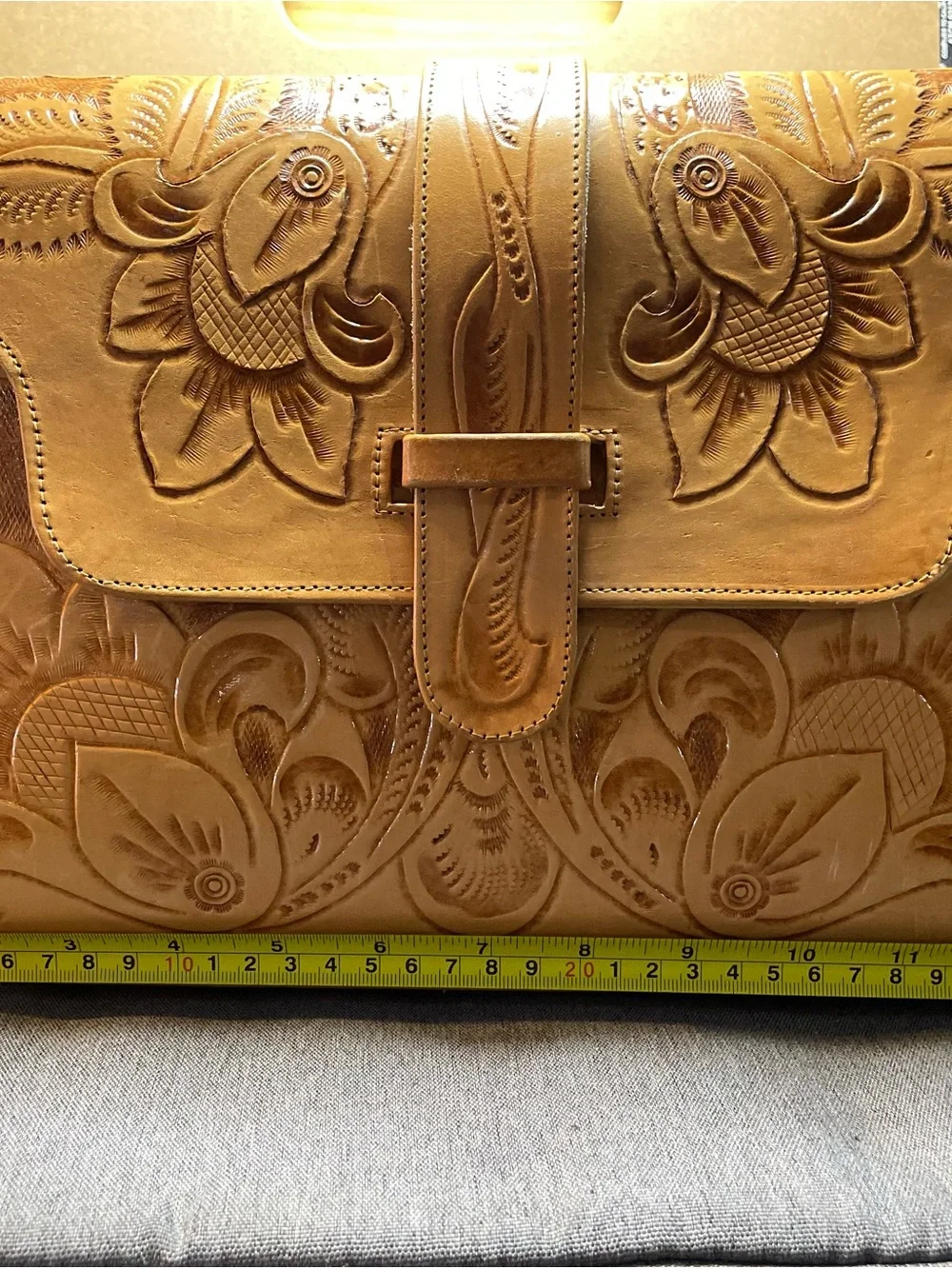 Pymsa Hand-Tooled Aztec Calendar & Floral Tan Leather Satchel made in Mexico